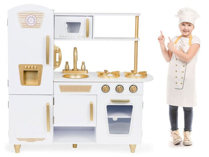 Large White and Gold Wooden Play Kitchen for Children